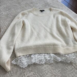 Cream Sweater with Lace Hem